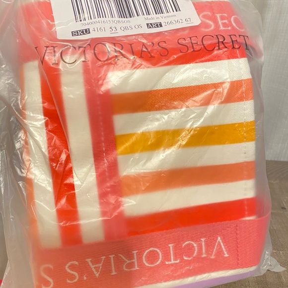 Victoria’s Secret pink and orange stripe zipper tote bag - Picture 4 of 7